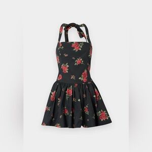 Hollister Black halter mini bubble Dress Red Floral Print